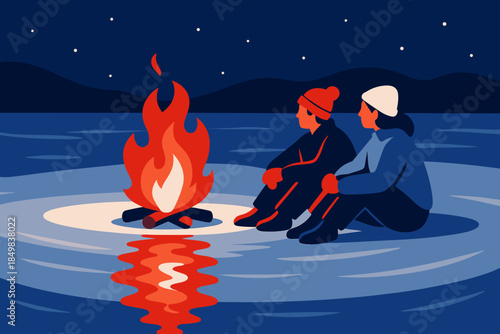 Frozen Lake Bonfire. Frozen lake bonfire reflections. A small bonfire glows beside friends, the flames’ warm