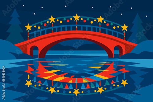 Festive Bridge Reflections. Holiday bridge over icy water. A decorated bridge casts vivid colorful patterns
