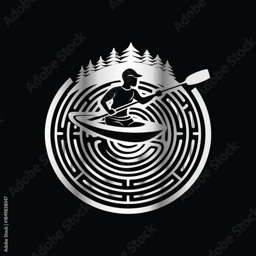 Adventure kayaking logo design.Vector illustration on black background.
Adventure kayaking logo design.kayak on the lake, mountains silhouette in the circle, vector illustration
