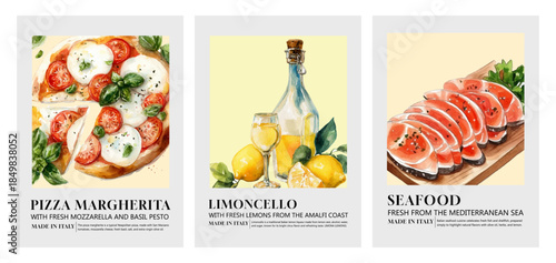 Amalfi Coast poster design with Italian pizza, fresh salmon and Mediterranean citrus limoncello. Watercolor Italian food food poster with summer motifs.