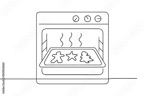 Minimalist Christmas Cookies. Christmas cookies baking in warm kitchen oven glow. Minimalistic one-line