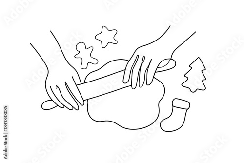 Minimalist Cookie Baking. Christmas cookies baking in warm kitchen rolling dough. Minimalistic one-line