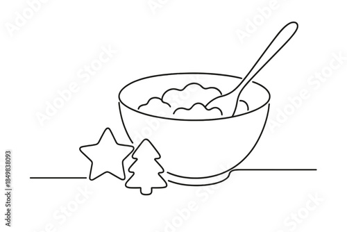 Minimalist Cookie Baking. Christmas cookies baking in warm kitchen mixing bowl. Minimalistic one-line drawing
