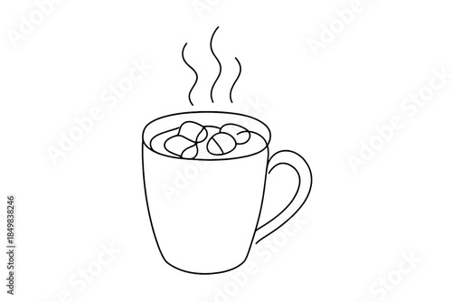 Minimalist Hot Cocoa. Warm winter hot cocoa with marshmallows. Minimalistic one-line drawing steaming mug with