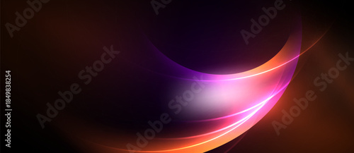 Abstract design features flowing curves, vibrant colors. Purple, orange, pink hues blend into dark background. Dynamic, modern aesthetic.