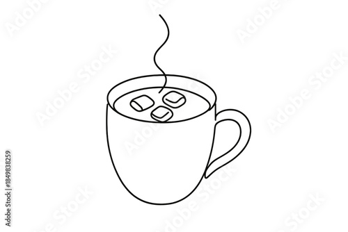 Minimalistic Hot Cocoa. Morning hot cocoa with marshmallows. Minimalistic one-line drawing warm morning drink