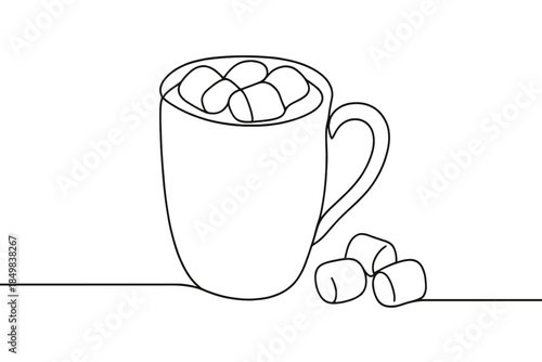 Minimal Cocoa Art. Hot cocoa and marshmallow treat. Minimalistic one-line drawing cocoa cup beside a few