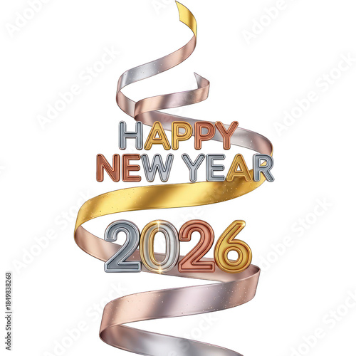 Elegant 3d rendering of happy new year 2026 greeting with metallic ribbons on black