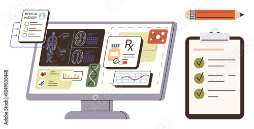 Computer monitor displays medical records, DNA strand, prescription details, and health charts. Clipboard with checklist and pencil nearby. Ideal for healthcare, diagnostics, research, technology