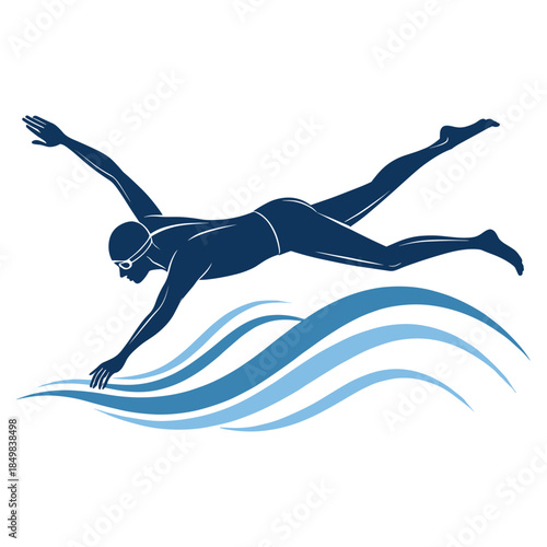 Male swimmer silhouette swimming in water waves vector illustration