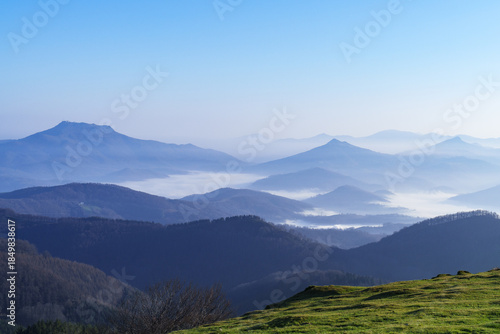 Sunrise in the Pyrenees of Navarre. Mountains of Navarre from Mount Bianditz.