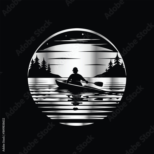 Adventure kayaking logo design.Vector illustration on black background.
Adventure kayaking logo design.kayak on the lake, mountains silhouette in the circle, vector illustration

