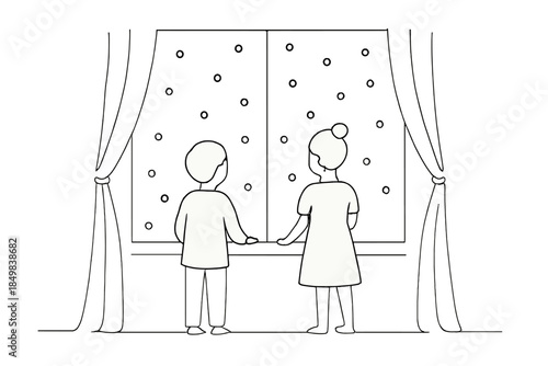 Holiday Snow Gazing. "Children watching Christmas snow by the window". Minimalistic one-line drawing [of two
