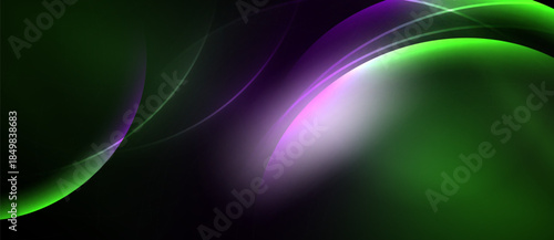 Abstract design features flowing curves, vibrant green, purple hues. Smooth gradients create dynamic visual effect. Dark background emphasizes luminosity.