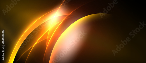 Abstract golden light curves radiate from bright source. Warm tones dominate dark background, creating dynamic visual effect.
