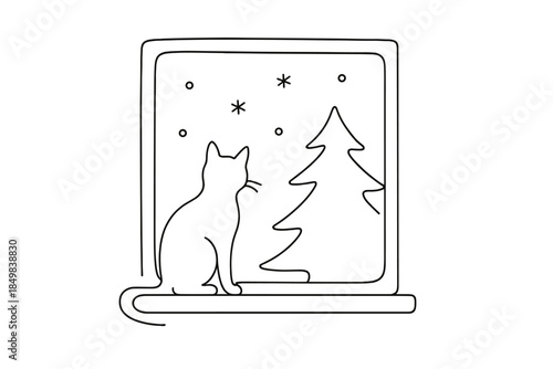 Cat's Snowy View. "Cat watching Christmas snowfall from the window". Minimalistic one-line drawing [of a cat