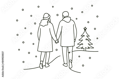 Winter Stroll Elegance. "Couple walking in Christmas snow". Minimalistic one-line drawing [of a couple in