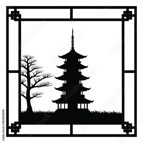 Japanese Pagoda Silhouette in Traditional Frame, Asian Landscape with Zen Tree and Temple Vector Illustration
