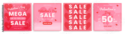 Valentine's day square banners, sale posters, cards and flyers in pink and red colors. Design template for advertising, web, social media, stories.