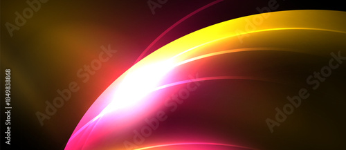 Abstract vibrant light curves radiate from central bright point. Colors blend, creating dynamic visual effect. Smooth gradients dominate composition.