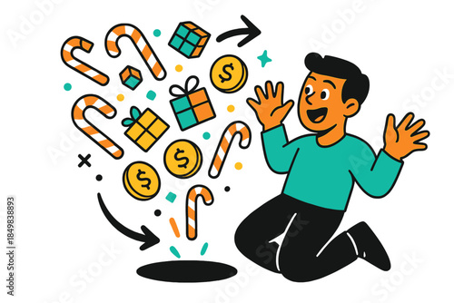 Candy Cascade Delight. Candy surprise. Candy canes, chocolate coins, and tiny wrapped boxes spilling out in a