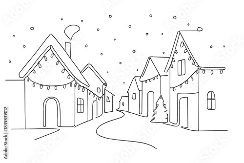 Minimalist Christmas Village. "Christmas village street lined with glowing lights". Minimalistic one-line