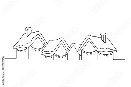 Fairy-Lit Snowy Rooftops. "Fairy-lit rooftops in snowy Christmas village". Minimalistic one-line drawing [of