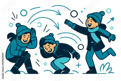 Dynamic Snowball Fight. Snowball fight. Children ducking and laughing as snowballs zip through the air, motion