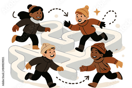 Snowy Maze Adventure. Snow maze. Children weaving through snow paths they built, with dotted arrows showing