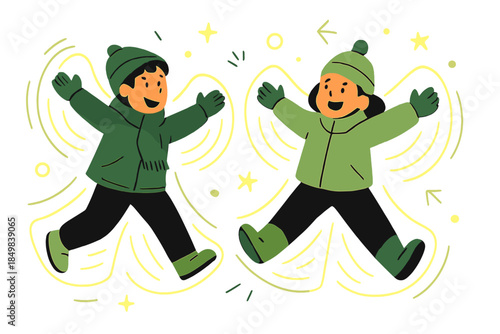 Playful Snow Angels. Snow angels. Children lying on the ground sweeping their arms to form glowing wings, soft