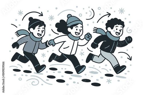 Winter Joy and Motion. Winter chase. Kids running across fresh snow leaving fun footprints behind, with