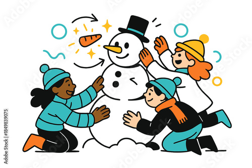 Building Lively Snowman. Building a snowman. Kids patting snow into shape as a carrot nose hovers into place;