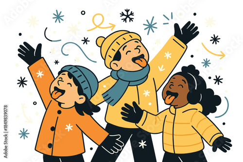 Magical Snowflake Catching. Catching snowflakes. Kids stretching out hands and tongues to catch falling flakes