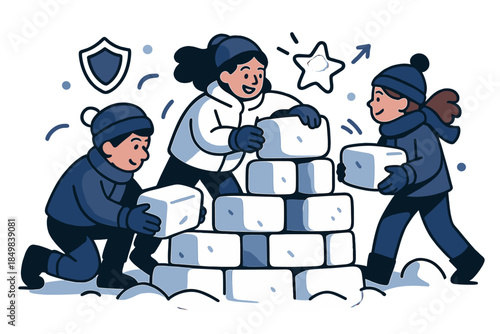 Heroic Snow Fort. Snow fort building. Kids stacking snowy blocks as little icons of shields and stars hover