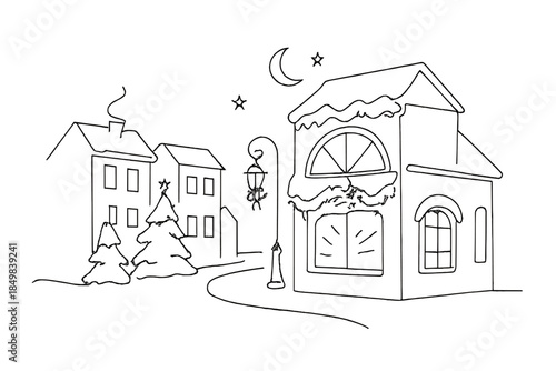 Christmas Toy Shop. "Christmas street with glowing toy shop". Minimalistic one-line drawing [of a cozy street