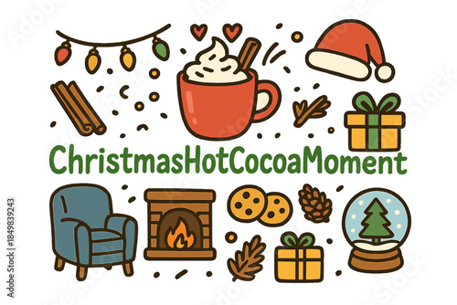 Christmas Cocoa Cozy Scene. ChristmasHotCocoaMoment. Hand-drawn doodle illustration of ChristmasHotCocoaMoment