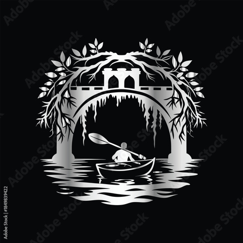 Adventure kayaking logo design.Vector illustration on black background.
Adventure kayaking logo design.kayak on the lake, mountains silhouette in the circle, vector illustration
