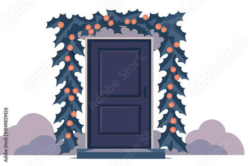 Winter Doorway Elegance. Winter doorway charm. Holly garland draped with elegant curves, glowing berries