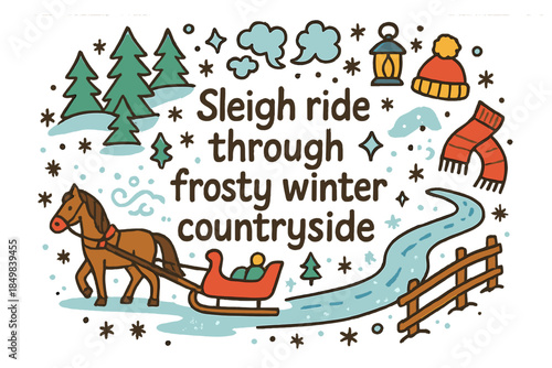Frosty Winter Sleigh Ride. Sleigh ride through frosty winter countryside. Hand-drawn doodle illustration of