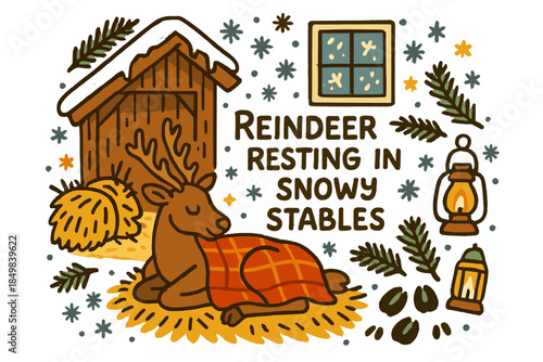 Reindeer in Snowy Stables. Reindeer resting in snowy stables. Hand-drawn doodle illustration of Reindeer