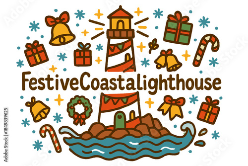 Festive Lighthouse Scene. FestiveCoastalLighthouse. Hand-drawn doodle illustration of FestiveCoastalLighthouse