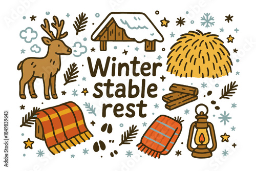 Winter Stable Rest. Winter stable rest. Hand-drawn doodle illustration of Winter stable rest. Reindeer,