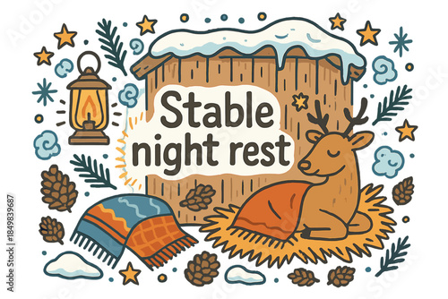 Stable Night Rest. Stable night rest. Hand-drawn doodle illustration of Stable night rest. Reindeer, straw,