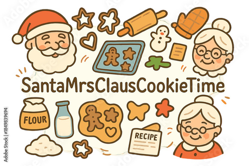 Santa Mrs. Claus Baking. SantaMrsClausCookieTime. Hand-drawn doodle illustration of SantaMrsClausCookieTime.
