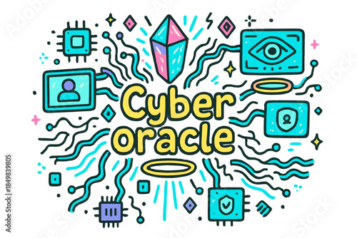 Cyber Oracle Doodle. Cyber oracle. Hand-drawn doodle illustration of Cyber oracle. Neon crystal, holographic