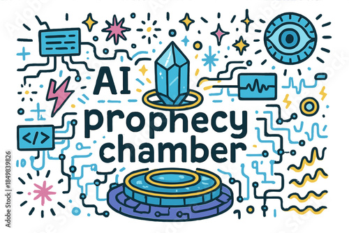 AI Prophecy Chamber. AI prophecy chamber. Hand-drawn doodle illustration of AI prophecy chamber. Crystal core,
