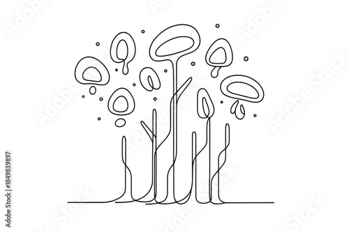 Bioluminescent Cyber Grove. "Cyber grove alive with floating glowing organisms". Minimalistic one-line drawing