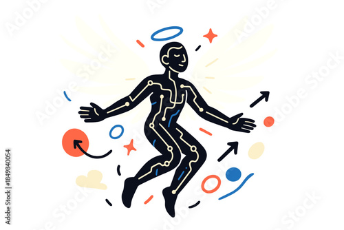 Cybernetic Angel Radiance. Cybernetic angel with radiant wings of pure light. A luminous angel hovers in