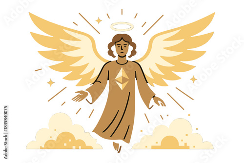 Etherial Angel Above Clouds. Ether guardian. Floating above digital clouds, the angel’s wings flare outward
