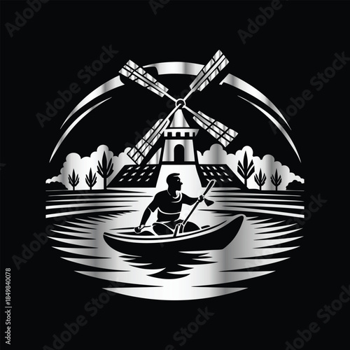 Adventure kayaking logo design.Vector illustration on black background.
Adventure kayaking logo design.kayak on the lake, mountains silhouette in the circle, vector illustration

